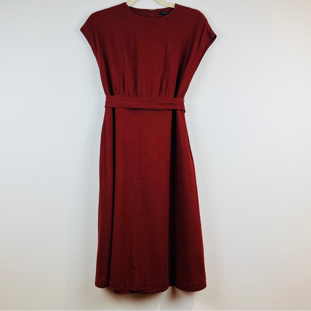 Ann Taylor Elegant Maroon Below Knee Dress with Strap Around Waist